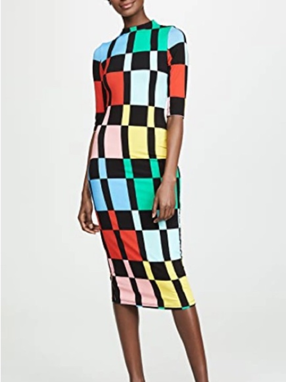 Multicolor Checkered Midi Dress with Crew Neck